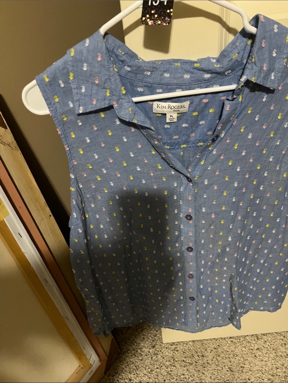 Kim Rogers Chambray Sleeveless Button-Up Top with Pastel Dot Accents H154